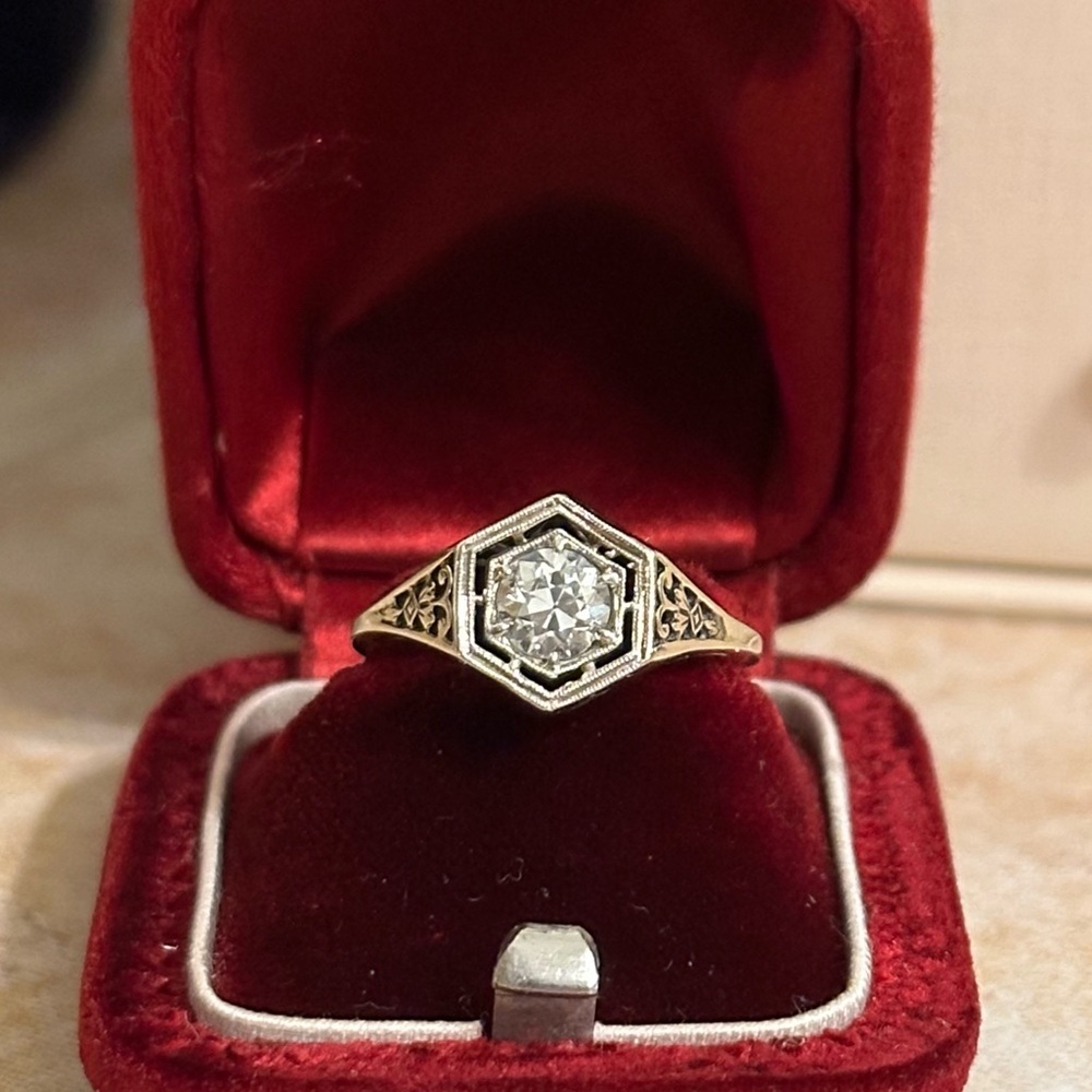 Art Deco 0.5ct OEC Diamond 14K Gold Hexagonal Ring 6.5 Antique J. R. Wood & Sons